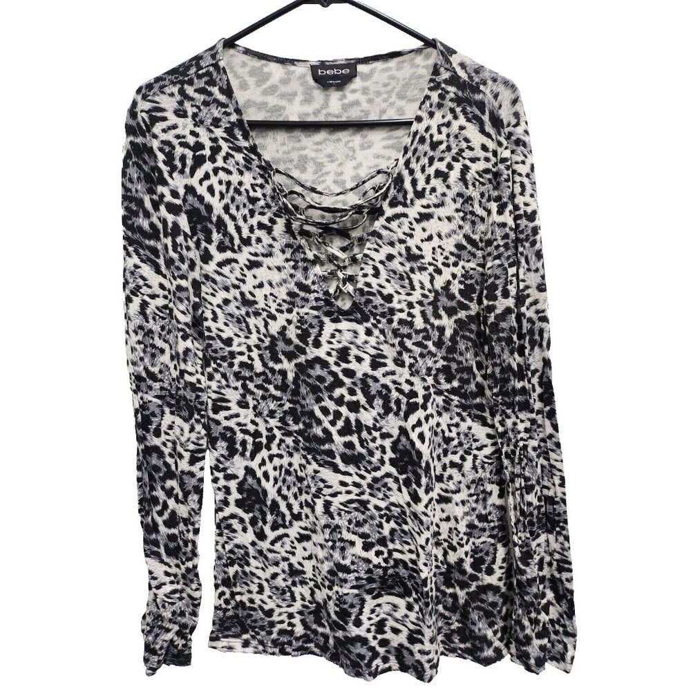 Bebe Womens Tunic Top Large Black Gray Leopard Print Lace Up Long Sleeve Casual